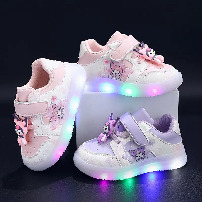 Girl\'s Fashion Cartoon Kuromi LED Lights Casual Sports Shoes Baby Breathable and Luminous Childrens Soft Sole Outdoor Sneakers