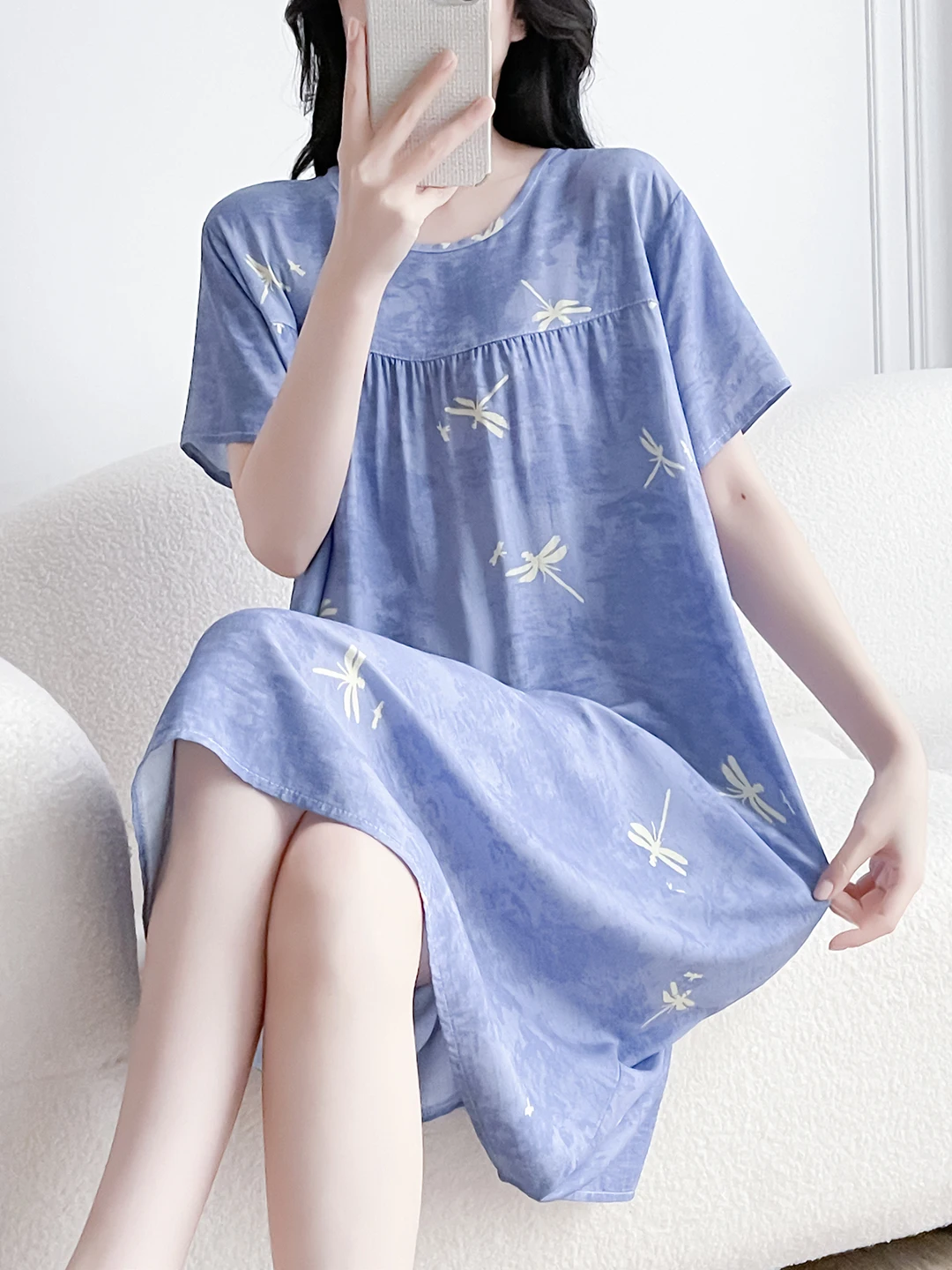 Women's Cotton Silk Sleep Dress Thin Short Sleeve Long Summer Breathable Sweat Absorbent Outerwear Casual Home Leisure Print