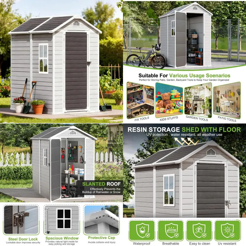 

Прочный навес для хранения на открытом воздухе из всепогодной смолы — 4x6 футов с напольной и запирающейся дверью