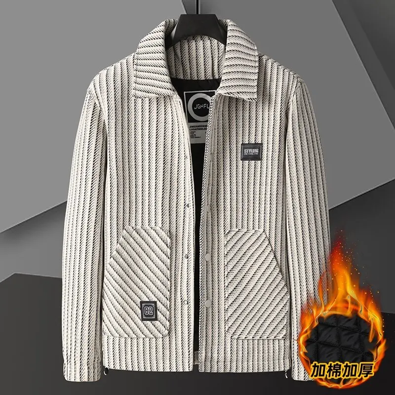 Classic Vertical Stripes Woolen Jacket Men's Winter Straight Casual Business Trench Coat Social Overcoat Streetwear Men Clothing