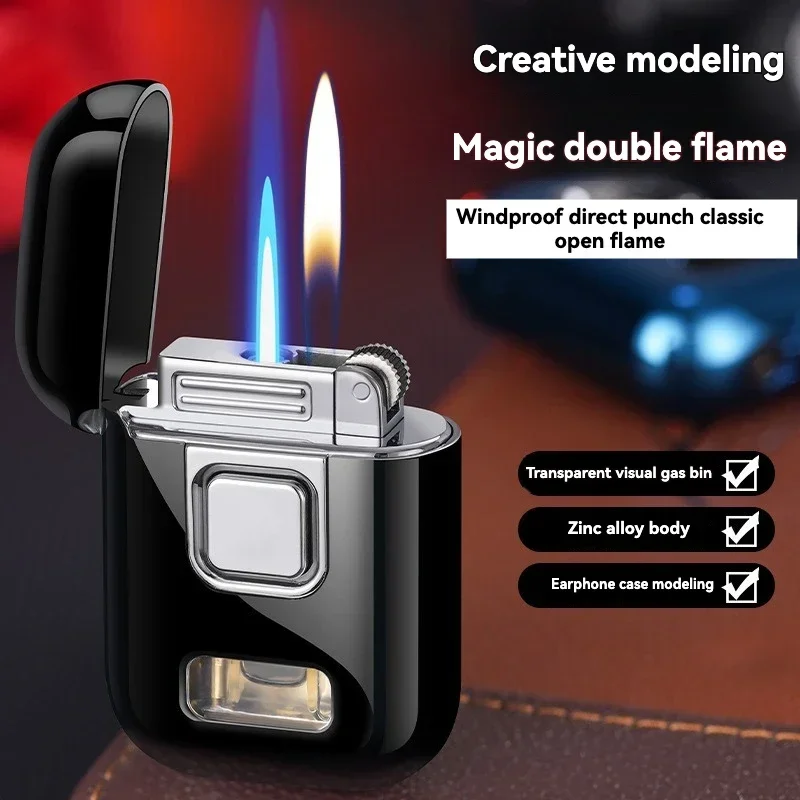 Trend Earphone Shape Inflatable Lighter Grinding Wheel Straight Punch + Open Flame Double Fire Conversion Cigarette Lighter