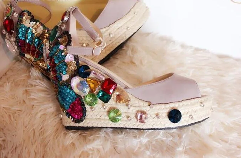 Bling Bling Rhinestone Sequin Butterfly Weave Braid Wedge Sandals Open Toe Ankle Strap Black Suede 10CM Platform Summer Shoes