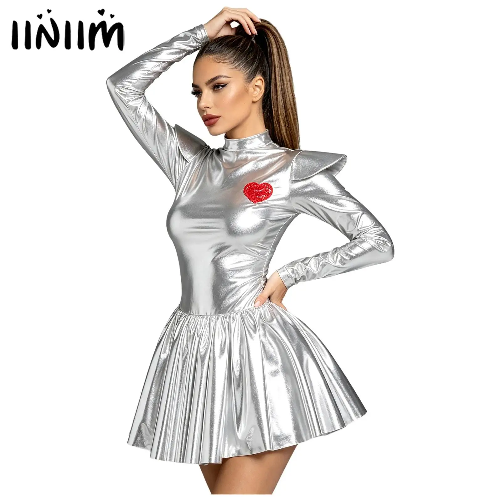 Damen Glänzendes Silbernes PU-Minikleid, Tin-Kostüm mit Gepolsterten Schultern, Rotem Herz-Ornament, Langarm-Kleider für Party und Halloween-Outfits
