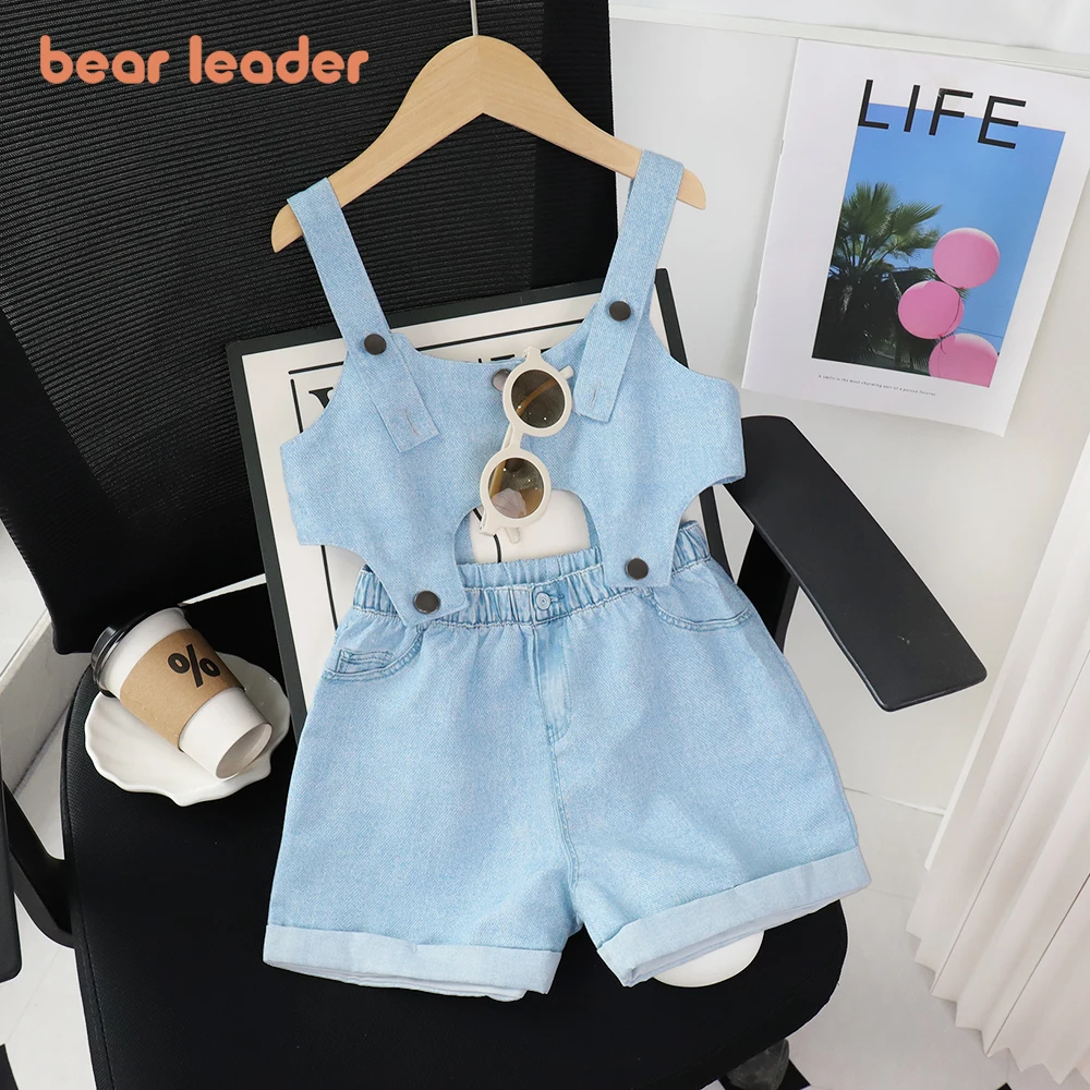 Bear Leader Girls' Summer Clothing Solid Color Imitation Jean Suspender Top+Shorts Set with Buttons Two-piece Sets Kids Clothes