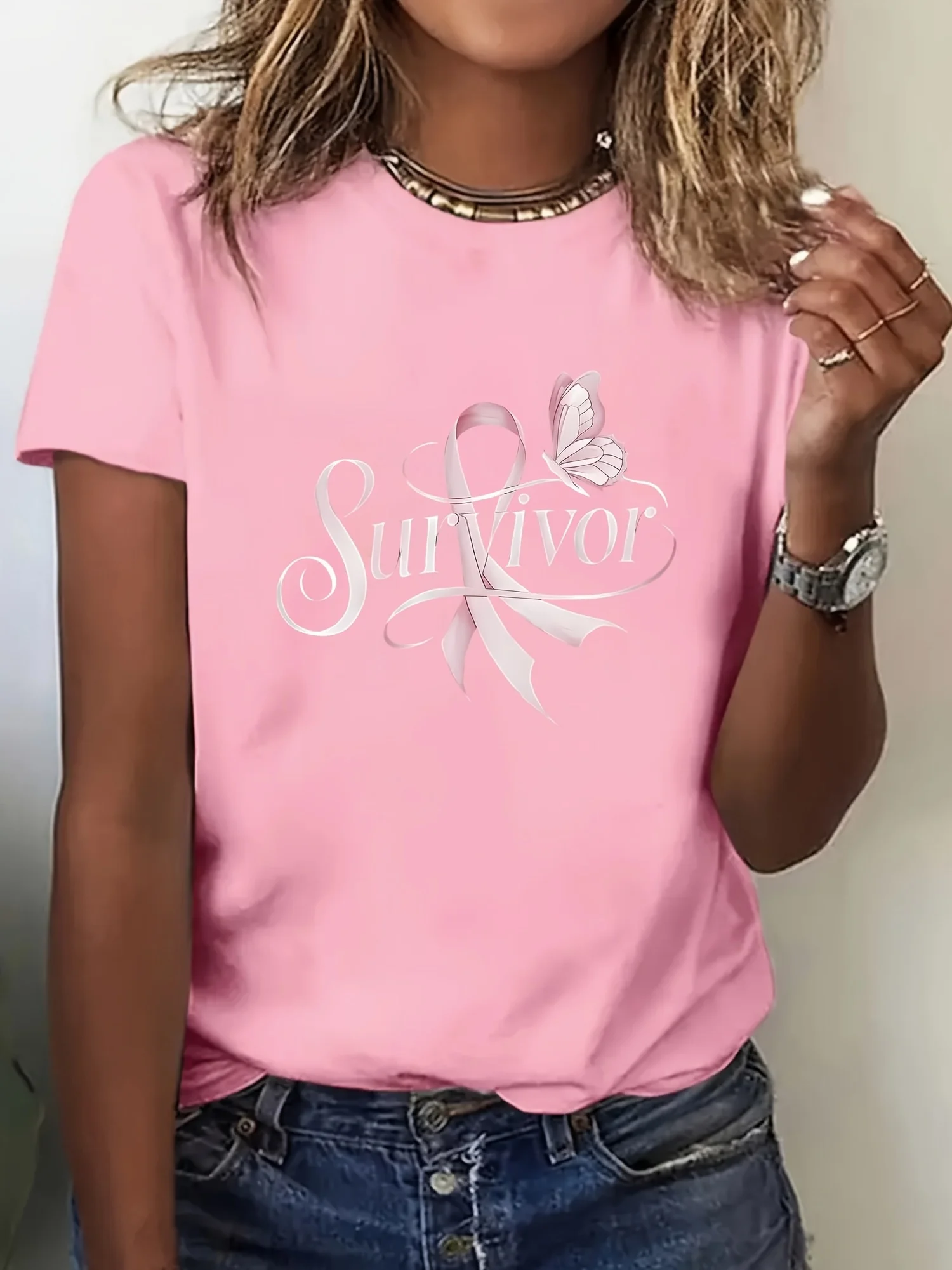 Damska różowa koszulka pastelowa na co dzień z napisem "Survivor", rękaw Harajuku, odzież codzienna, topy uliczne, koszulki, ubrania estetyczne.