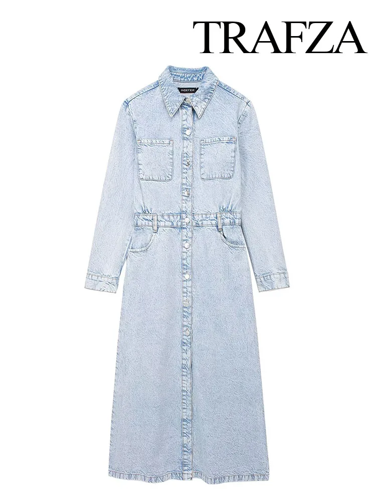 

TRAFZA Women Fashion Elegant Turn Down Collar Long Sleeved Denim Dress Female Loose Single Breasted Summer Midi Jean Dress Mujer