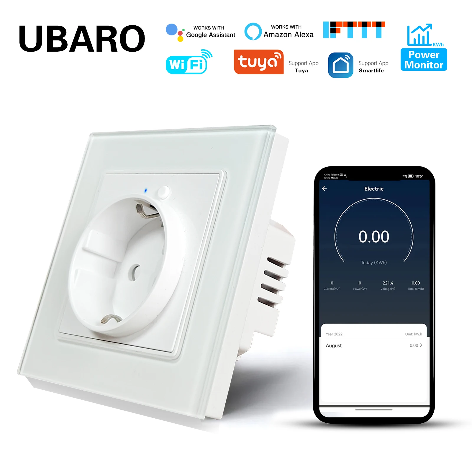 UBARO EU 82*82 Tuya Wi-Fi Smart Wall Socket Tempered Glass Panel Google Assistant Alexa Alice Voice Power Monitor App control