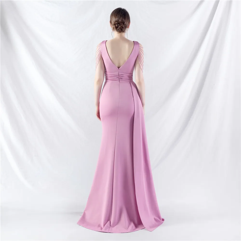 DEERVEADO 8 Colors Luxury Beading Evening Dress for Woman Elegant Mermaid Satin Formal Occasion Dresses Prom Party Maxi Dress