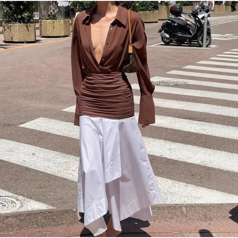 

2025 Новая женская мода в стиле пэчворк, асимметричная длинная юбка с оборками, утягивающая талия, сексуальное платье для женщин