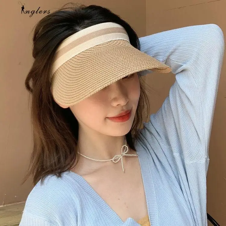 Raffia Empty Headband Hat Women's Sunshade Straw Hat Outside UV Sunscreen Face Visor Sun Hat Bonnets for Women