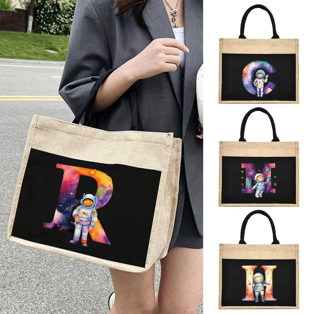 Linen Shoulder Sacks Astronaut Letter Print Jute Imitation Sacks Linen Bag  Women Shopping Tote Laminated Bag Designer Tote