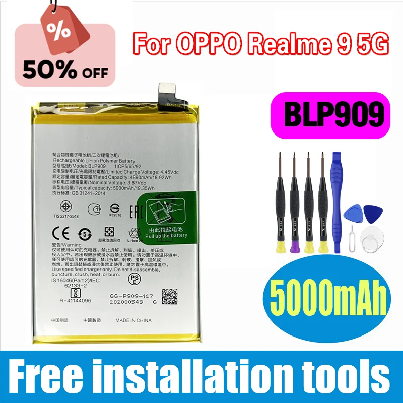

Replacement Battery 5000mAh 19.35Wh BLP909 Phone Battery for OPPO Realme 9 5G Mobile Batteries Batteria+Free Tools