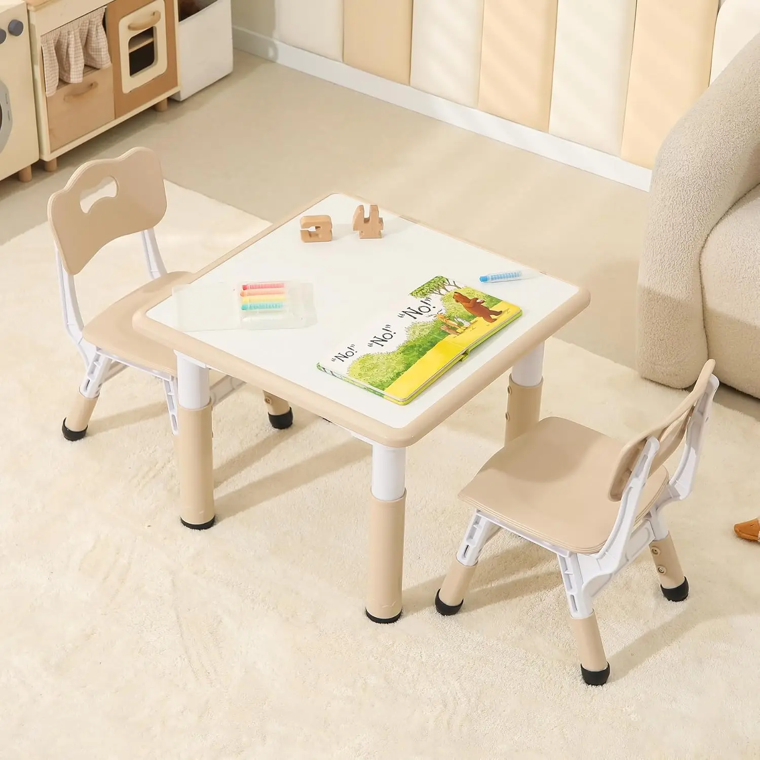 Kids Table and 2 Chairs Set,Height Adjustable Toddler Table and Chairs with Anti-slip Foot Covers,Graffiti Desk for classroom