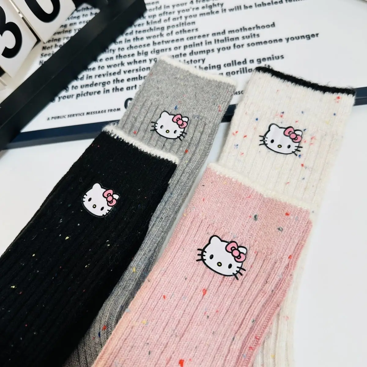 Hello Kitty Socks MINISO Anime Peripheral Cute Winter Woolen Socks Solar System Middle Tube Warm Comfortable