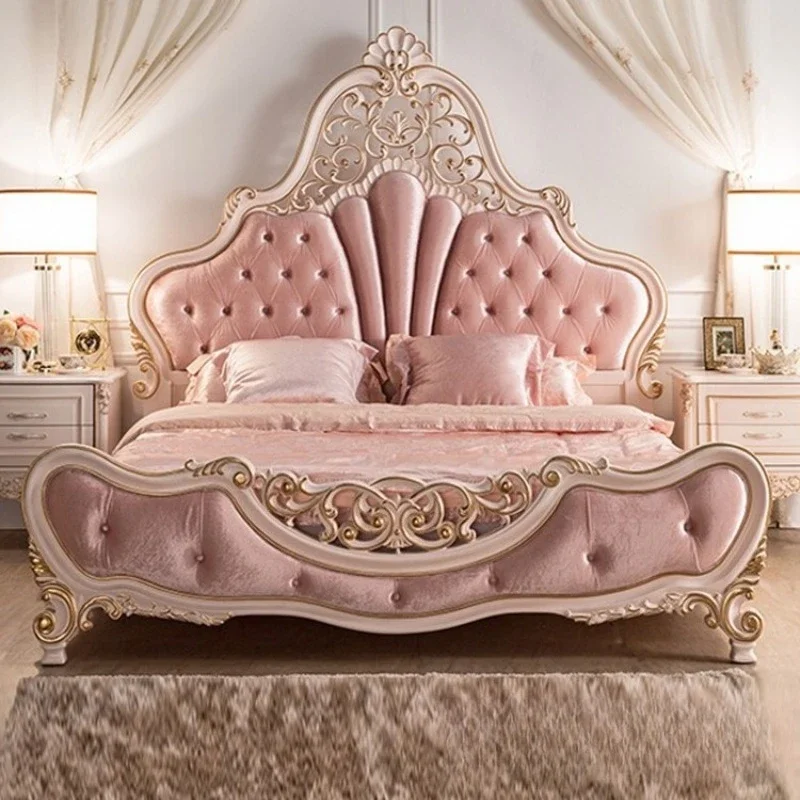 Princess bed Modern pink bed Wedding bed, carved double bed Children's solid wood