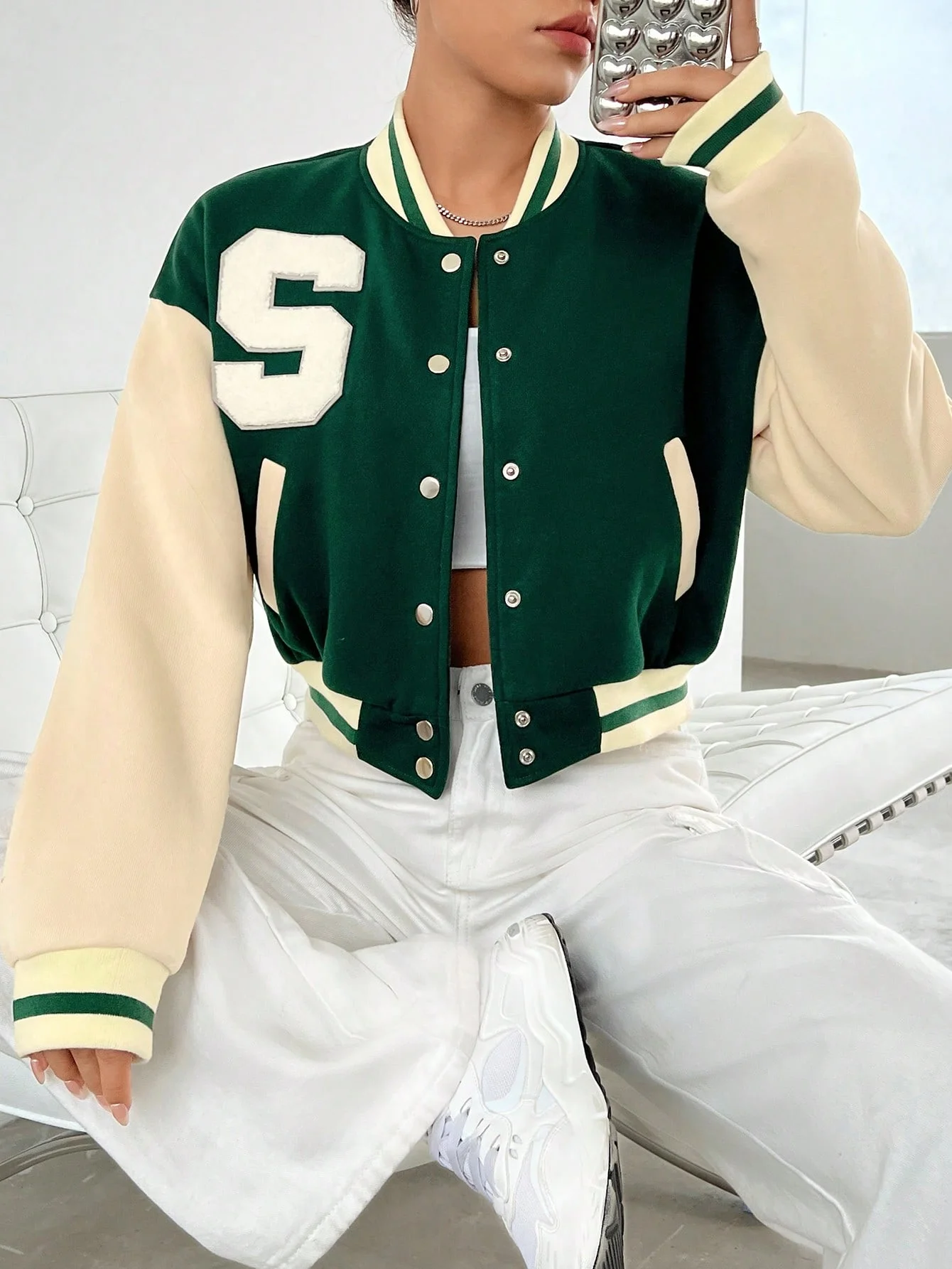 

Spring and autumn short green baseball jacket, casual and versatile, loose bean style coat