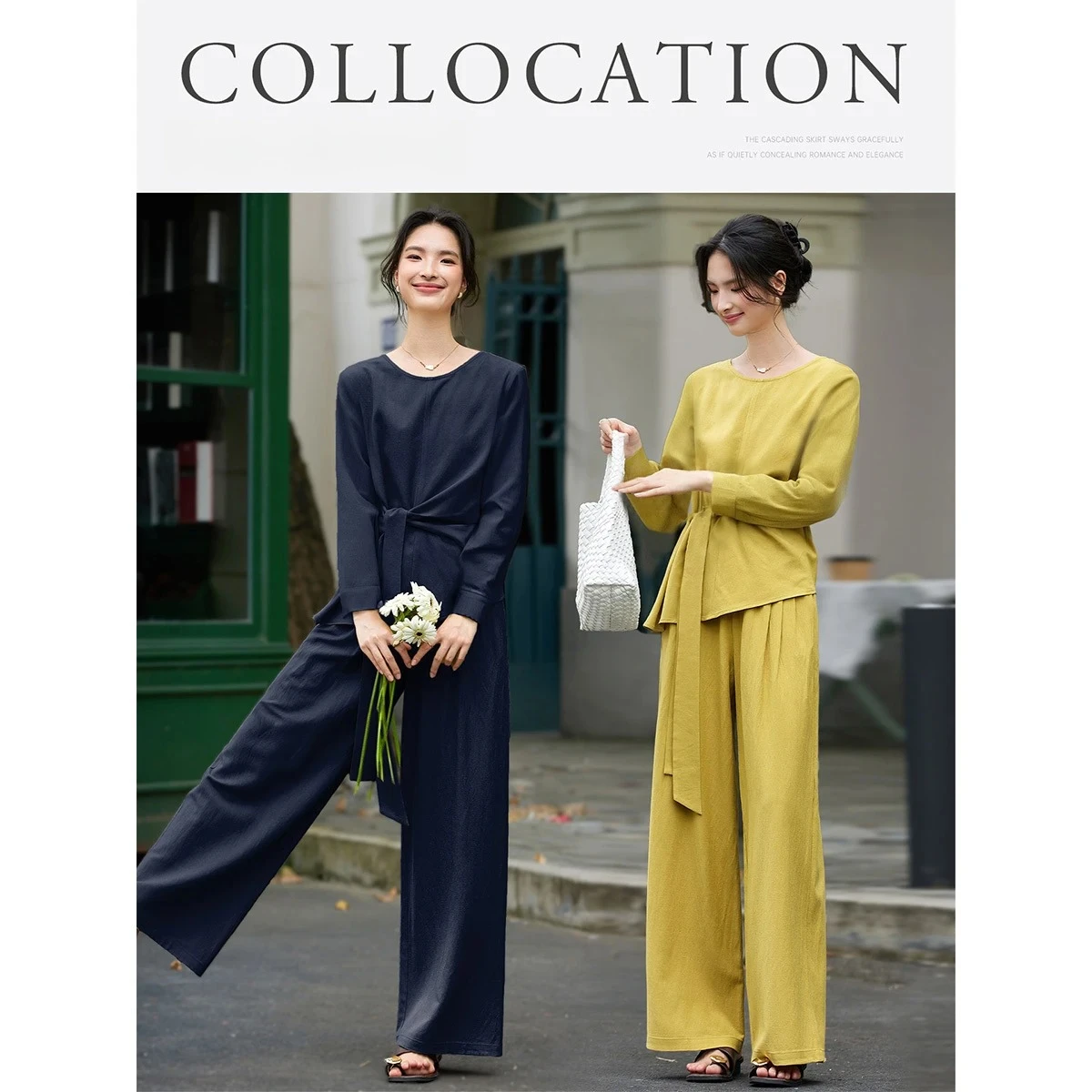 VIMLY femmes décontracté trajet pantalon ensembles automne nouveau solide deux pièces ensemble cravate devant à manches longues haut col en o pantalon à jambes larges ensemble A2900