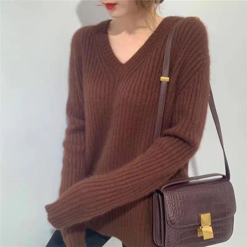 Lazy Style Loose Pullover Sweater Women's 2023 Autumn/Winter Korean Version New Long Sleeve V-Neck Knitted Solid Color Underlay