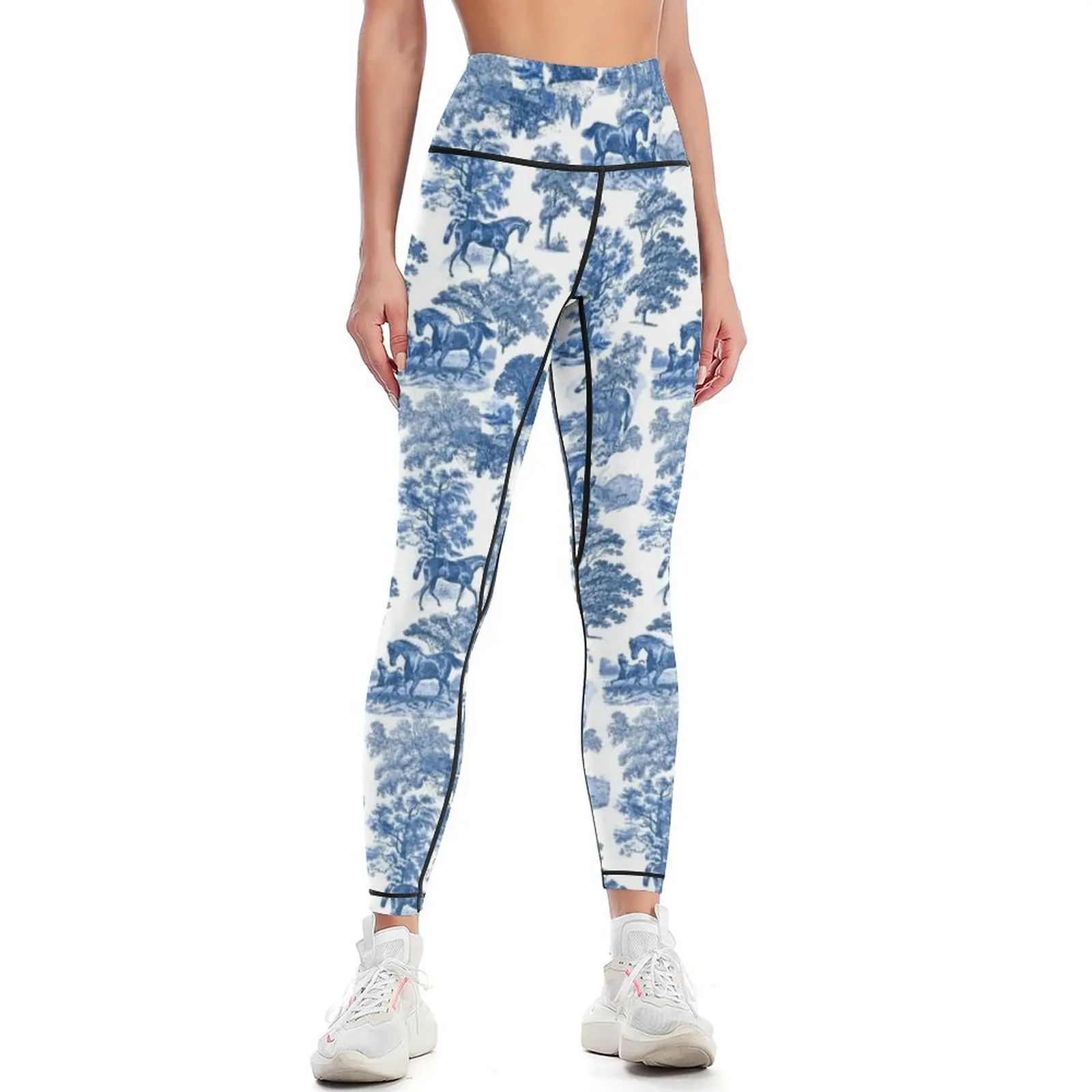 Classy Elegant Rustic Blue French Country Toile Horses Pattern Leggings sports tennis for Womens Leggings