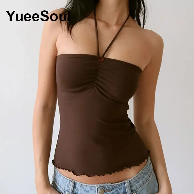 Tops cortos marrones Vintage, Top con corsé ajustado estampado, novedad de verano, camisetas sin mangas sexys de Fairycore de estética Y2k, ropa para mujer