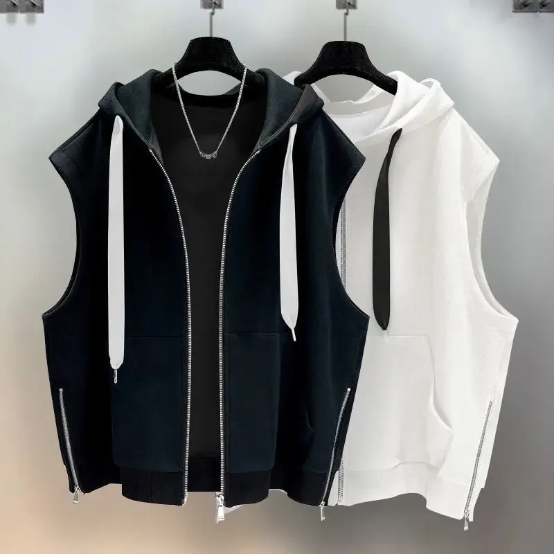 

Men's Hooded Vest Sleeveless Jacket Cotton Cardigan Designer Outdoor Sports Outerwear Fashion Loose Spring and Autumn Streetwear