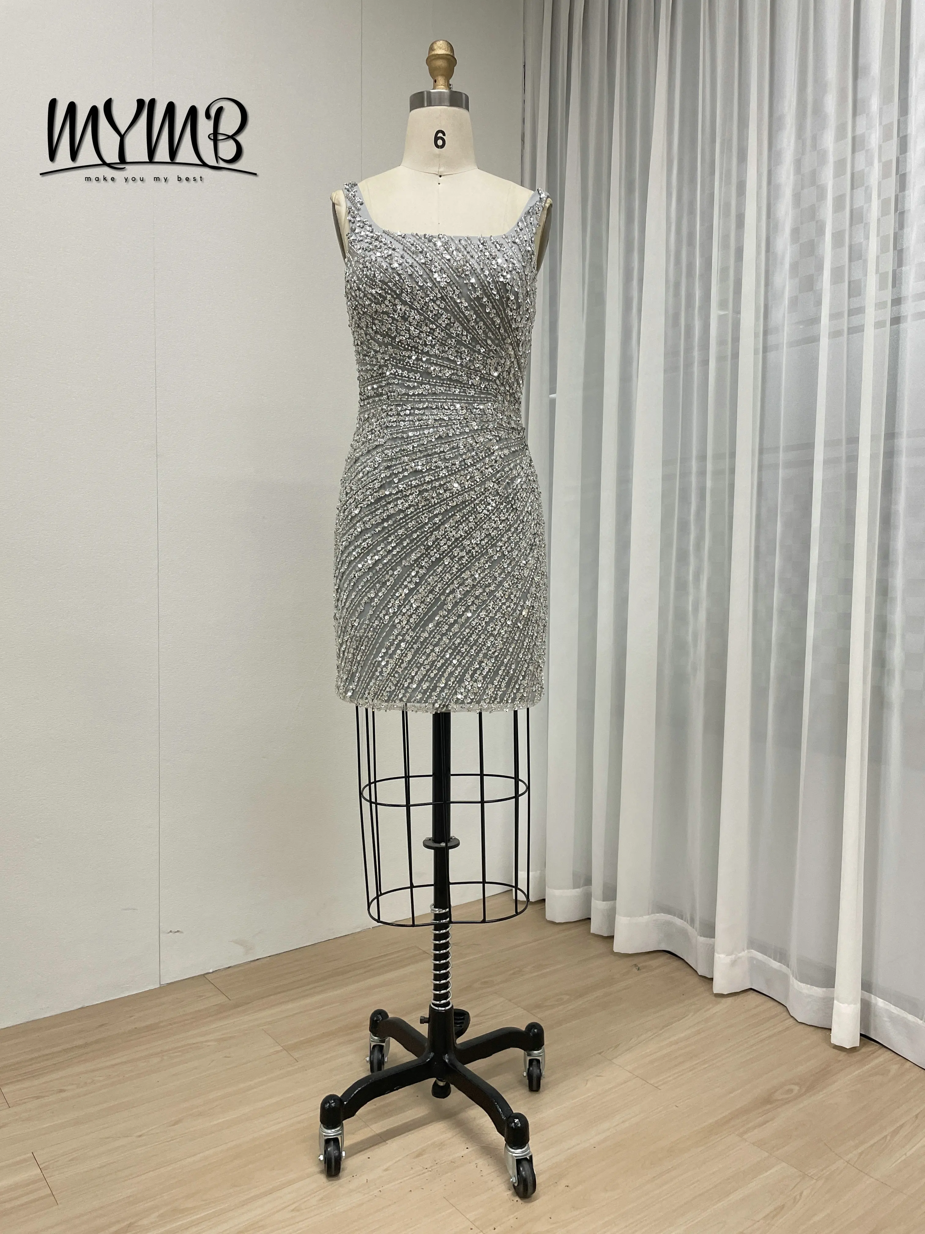 MYMB Luxe zilveren couture kralen ronde hals sexy korte trouwjurk met mesh trein avondjurk prom afstuderen ASU2020-08S