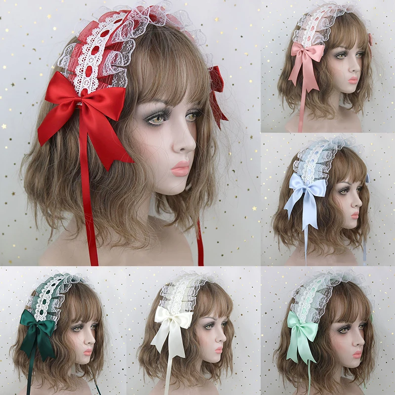 Japanese Lolita Lace Bow Ruffled Ribbon Headband Handmade Headdress Sweet Girls Maid Cosplay Anime Headwear Hair Accessories