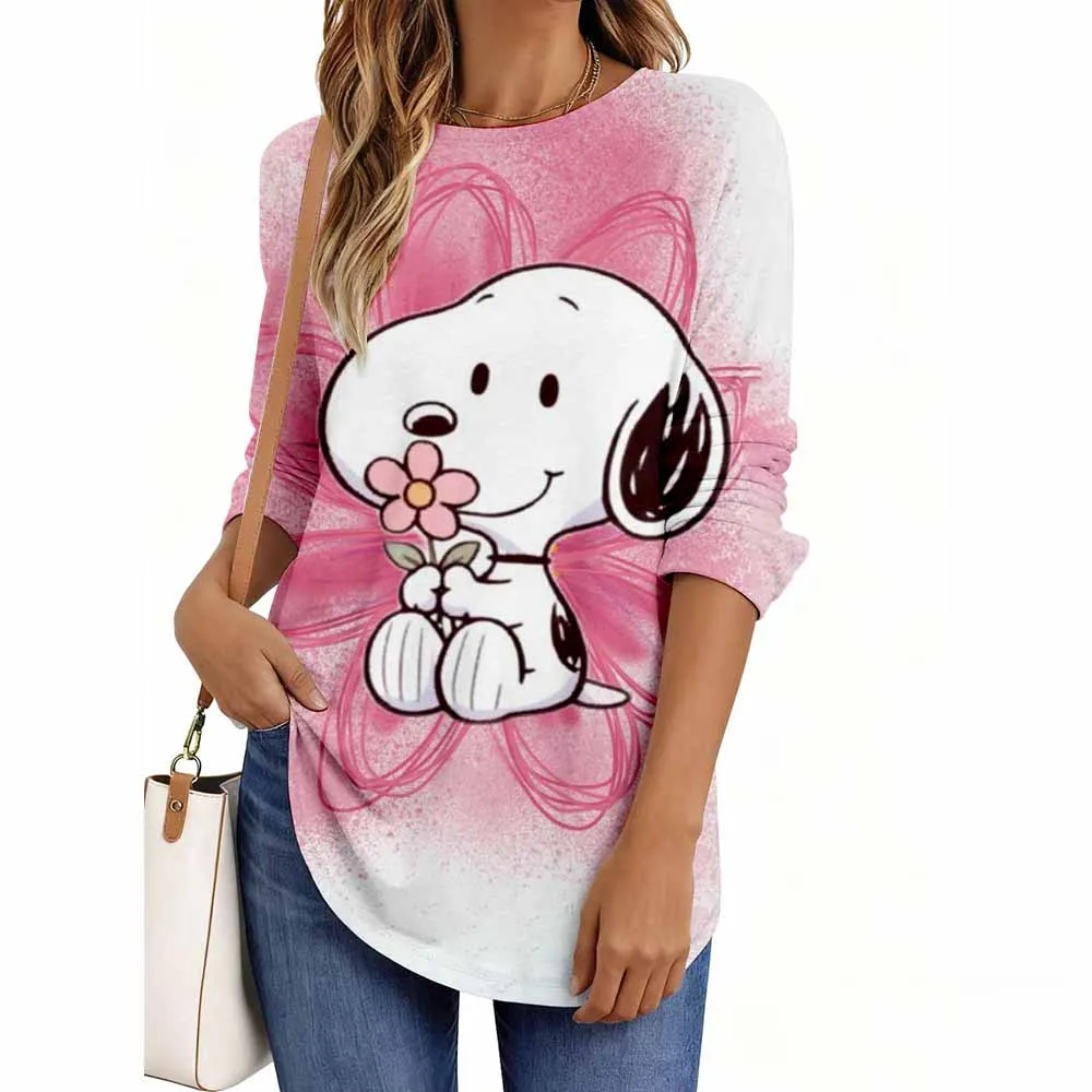 Snoopy print Ladies' Spring and Autumn Clothing Colorful Snoopy Printed T-shirt Long Sleeve Round Neck Casual Top