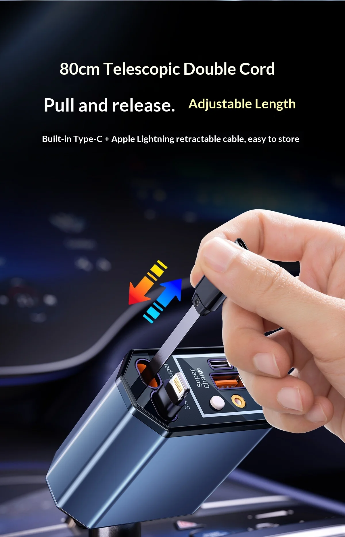 120W Car Charger with Telescopic Cable for Spot One to Three Car Interior Super Fast Charging with Ambient Light view 3