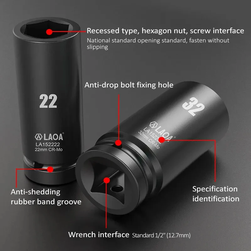LAOA  1/2 inch Head Used on Ratchet Wrench Drill Torque Spanner17-32mm Hex Socket Wrench Deep Sleeve for Pneumatic Electric Tool