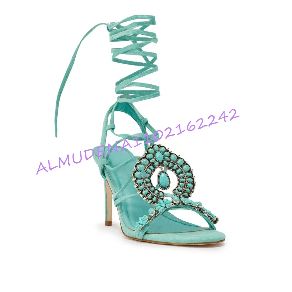 Women Turquoise Suede Lace Up Stiletto Sandals Open Toe Rhinestone Gem Decor Ankle Wrap High Heels Party Evening Dress Footwear