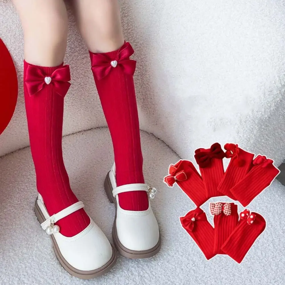 Cute Middle Tube New Year Red Socks Thicken Sweet Bow Hosiery for Princess Cotton Sleeping Socks Home Socks