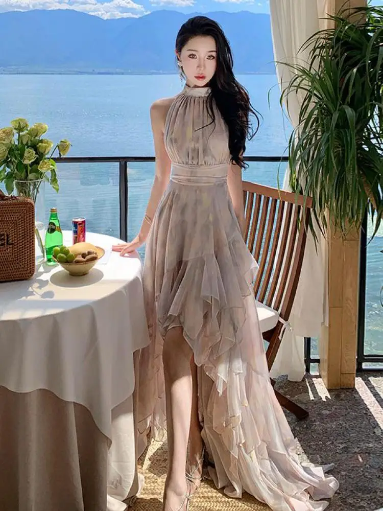 

Summer Retro Print Halter Sleeveless Backless Slim Bodycon Birthday Dress 2023 Women Party Elegant Irregular Pleated Long Dress