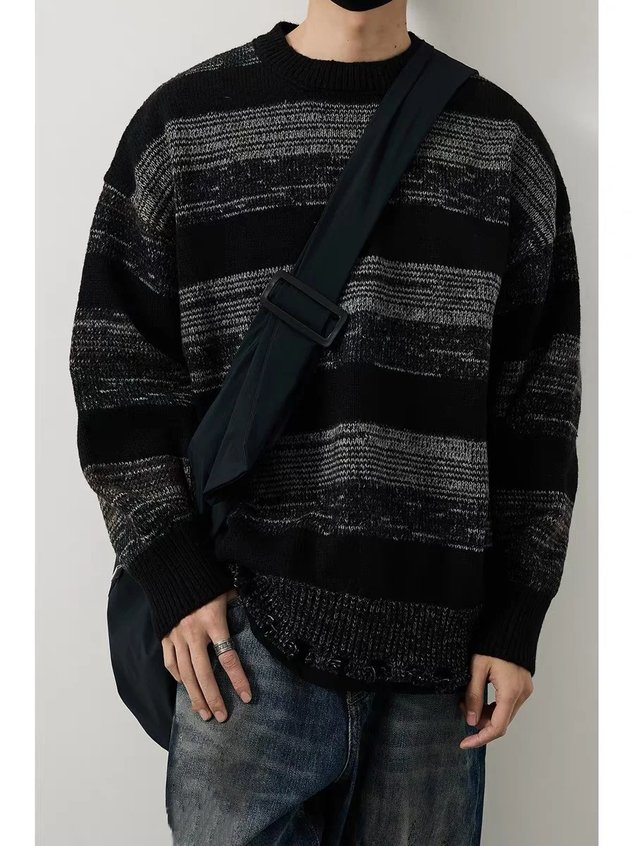 

Мужской свитер в ретро-японском стиле, в полоску, свободного кроя, вязаный, длинный рукав, повседневный, осенне-зимний, новинка