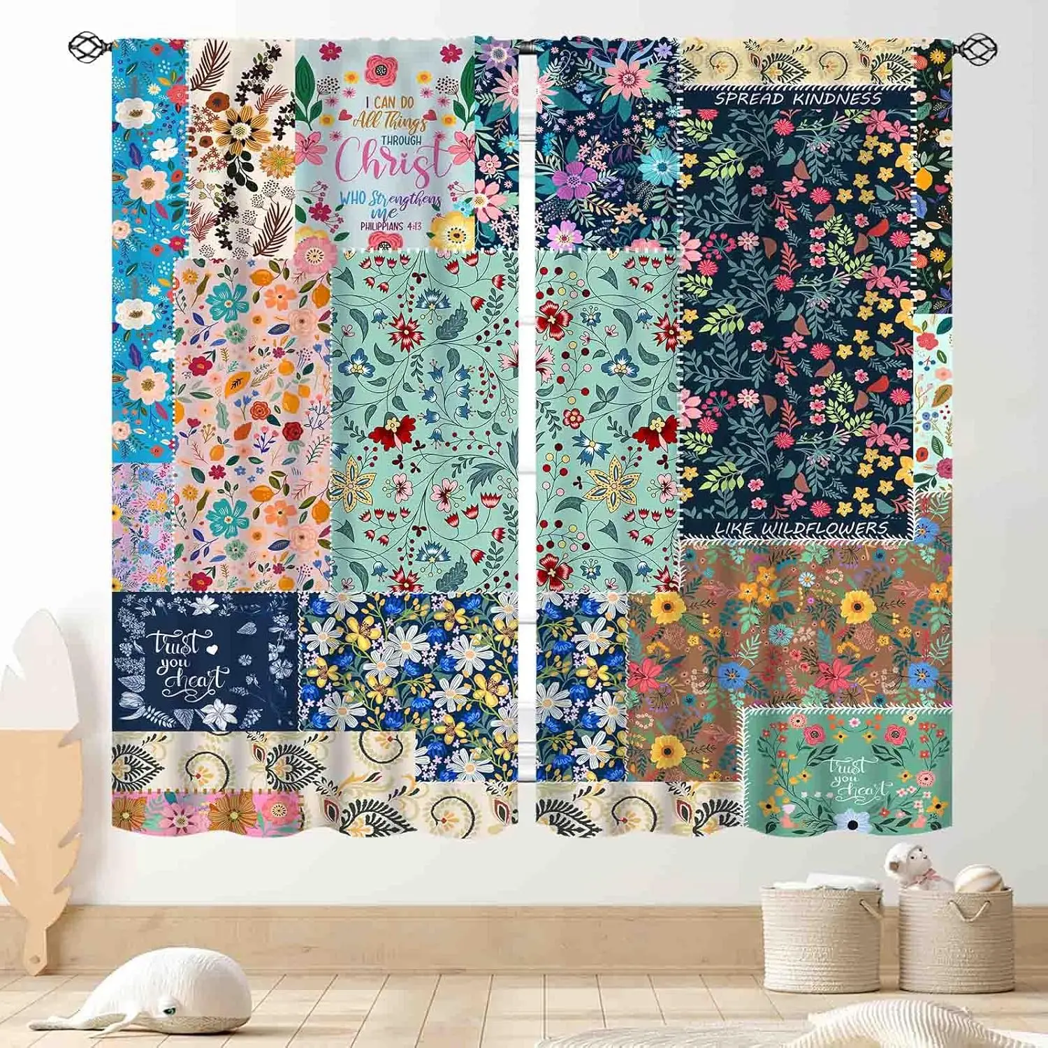 Boho Patchwork Curtains, Vintage Colorful Floral Bohemian Spring Wildflower Retro Pattern Stitching Bohemian Window Curtains for