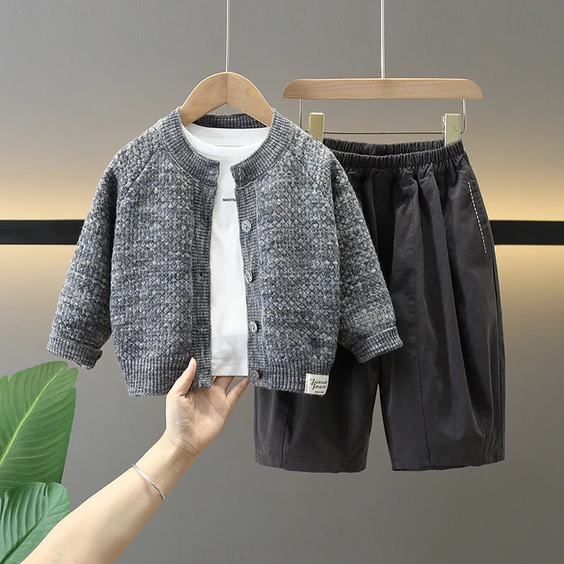 2026 Autumn New White Cotton T-shirt and Elastic Waisted Cotton Sweatpants and Cardigan Three Piece Set