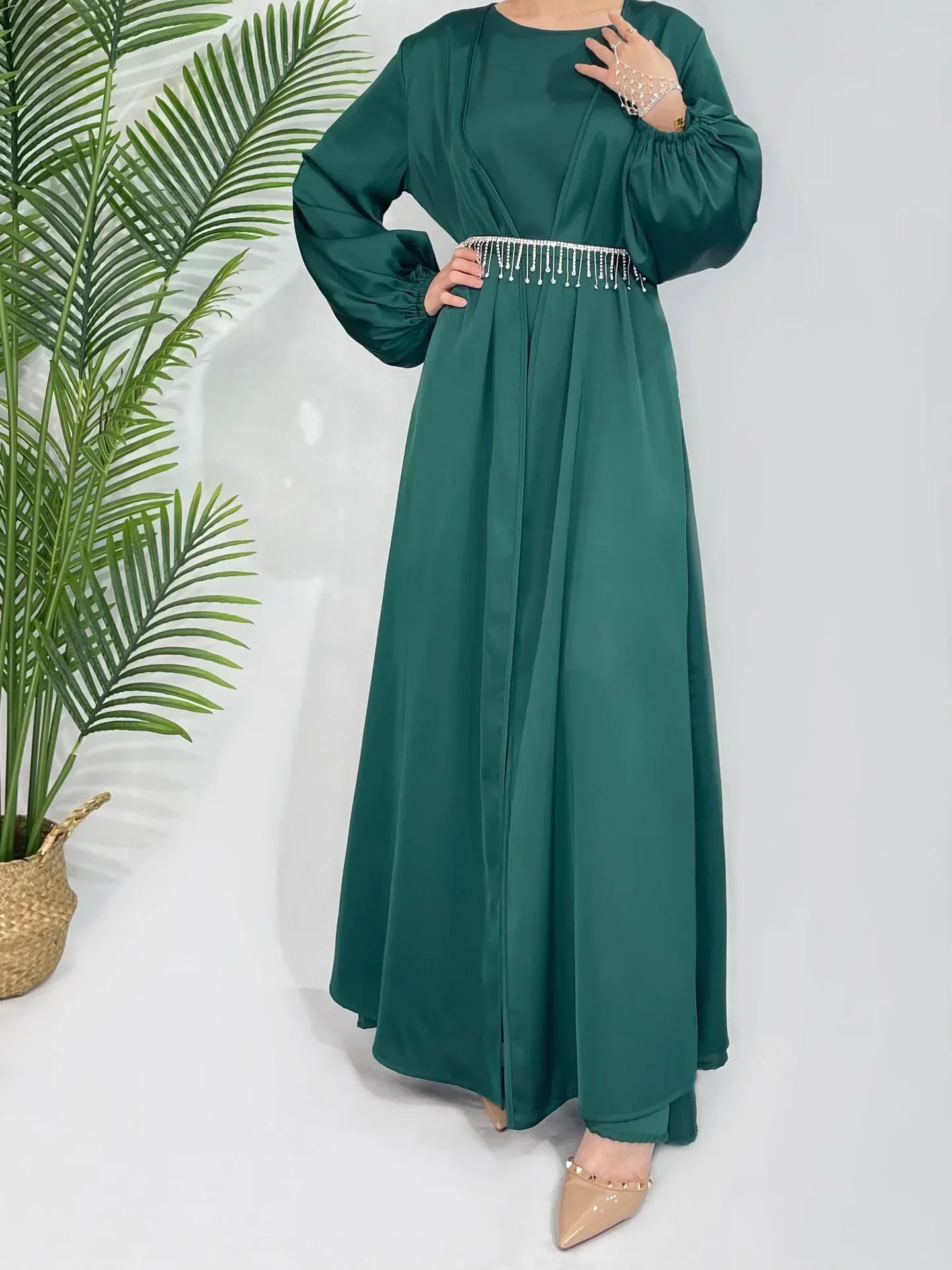 Turkey Kaftan Arab Robe Islamic Clothing Elegance Satin Muslim Set Long Sleeve Women Eid Long Maxi Dress with Hijab Dubai Abayas