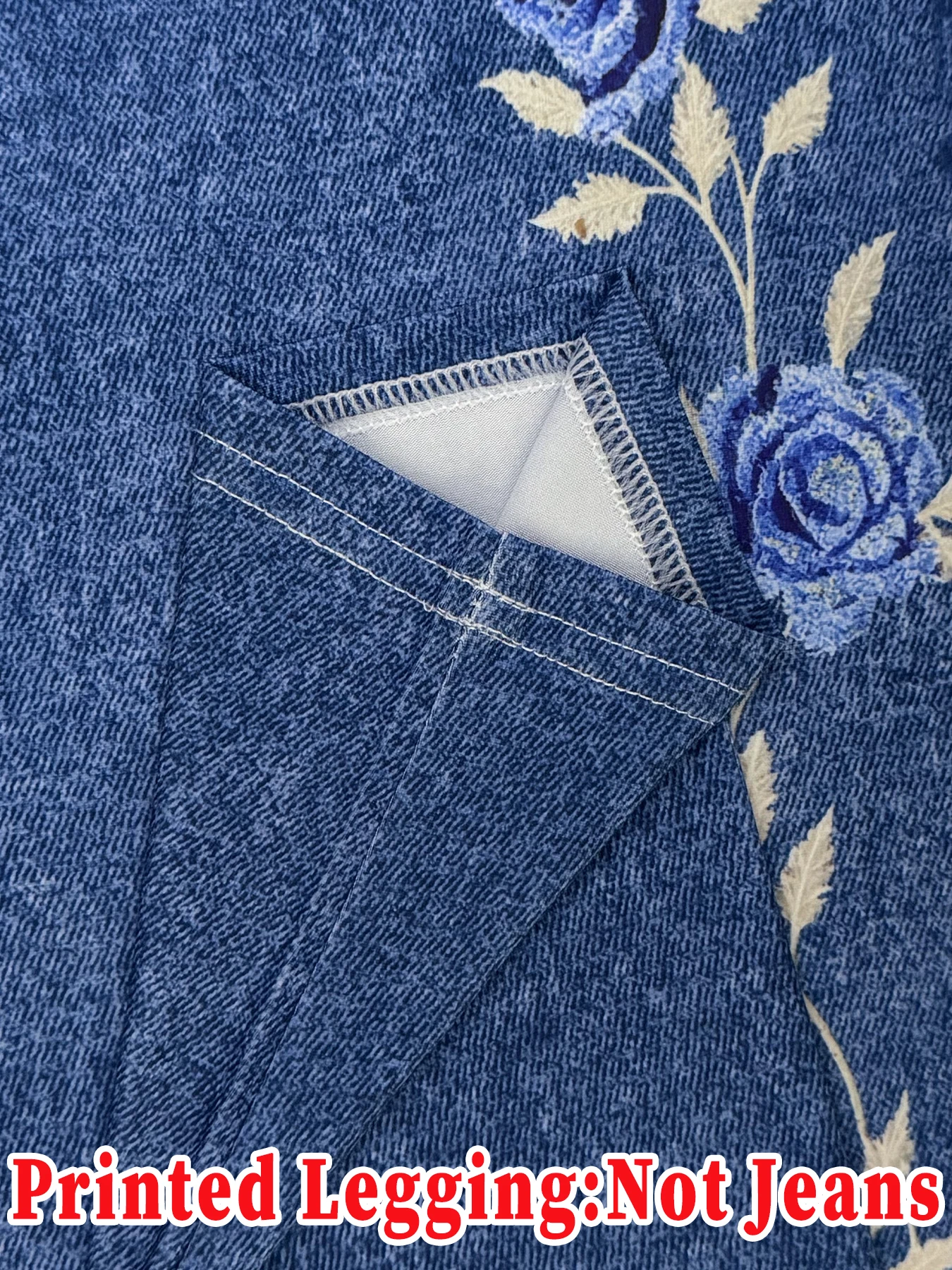 Damen-Leggings aus Kunstdenim mit Rosen-Blumenmuster, hohe Taille, 3 Knöpfe, dehnbar, eng anliegend, lässige Slim-Fit-Hose, keine echten Jeans – Detail 7