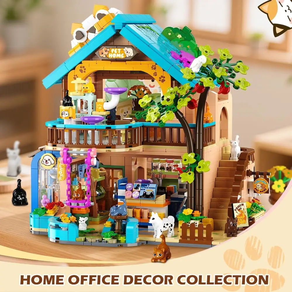 INSOON 1431pcs City Pet Shop Building Set with Lights for Adults Kids Boys Girls 8+ Christmas Birthday Gift Cozy Pet Construction Toy with Cats Dogs, Cute Animal Store Miniature House Model Building Block Kit for Home Decor
