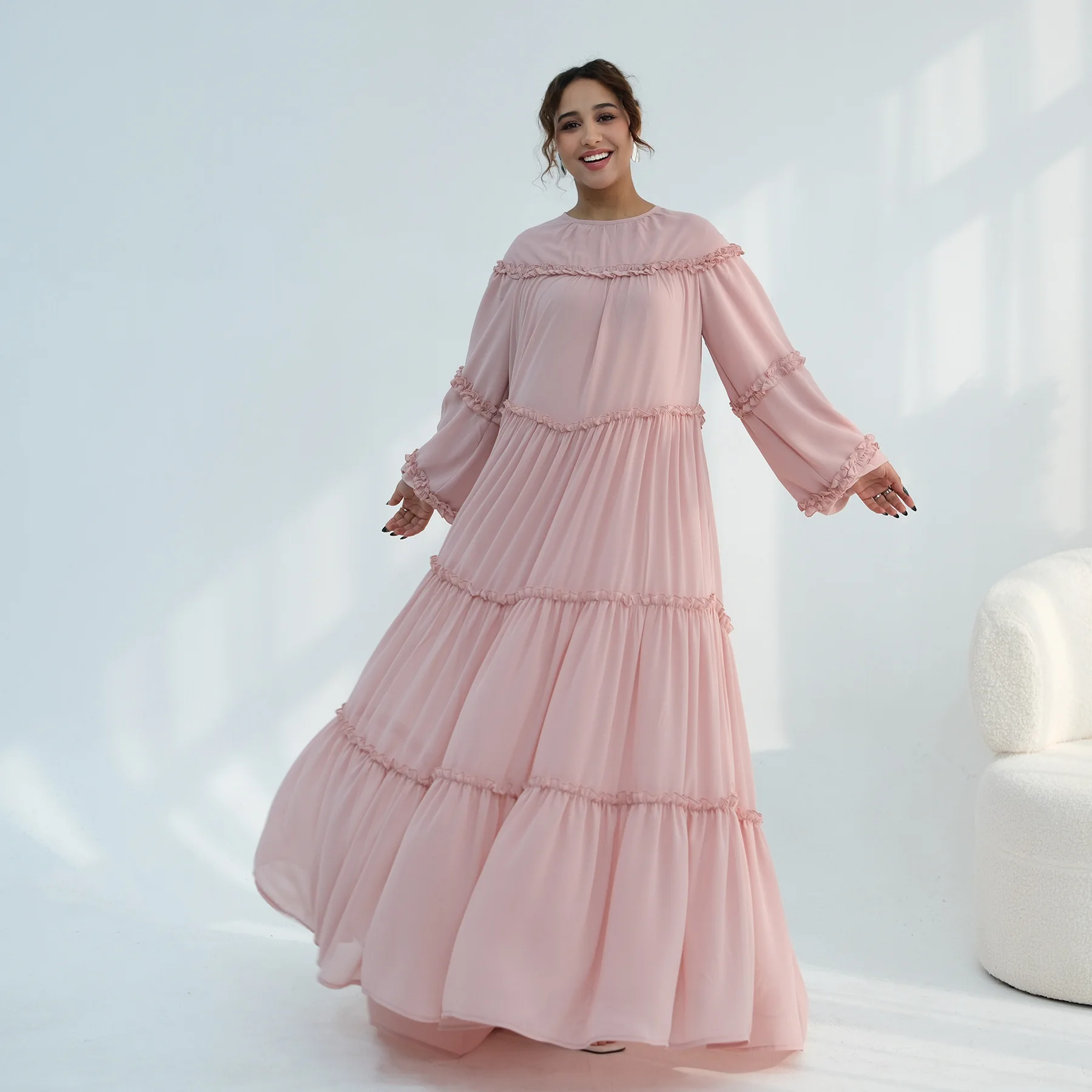 

Elegant Dubai Abaya Women Muslim Evening Party Dress Ruffles Kaftan Saudi Arabic Robe Caftan Marocain Femme Musulmane Jalabiya