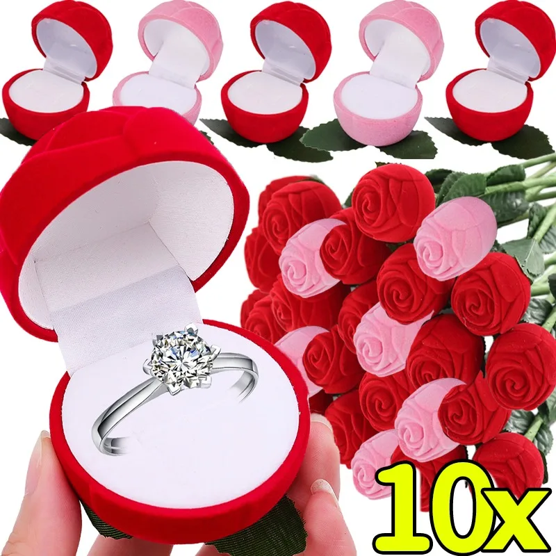 1/10Pcs Velvet Rose Flower Ring Box Valentine Day Romantic Rose Bouquet Ring Case Earrings Holder Engagement Ring Storage Case