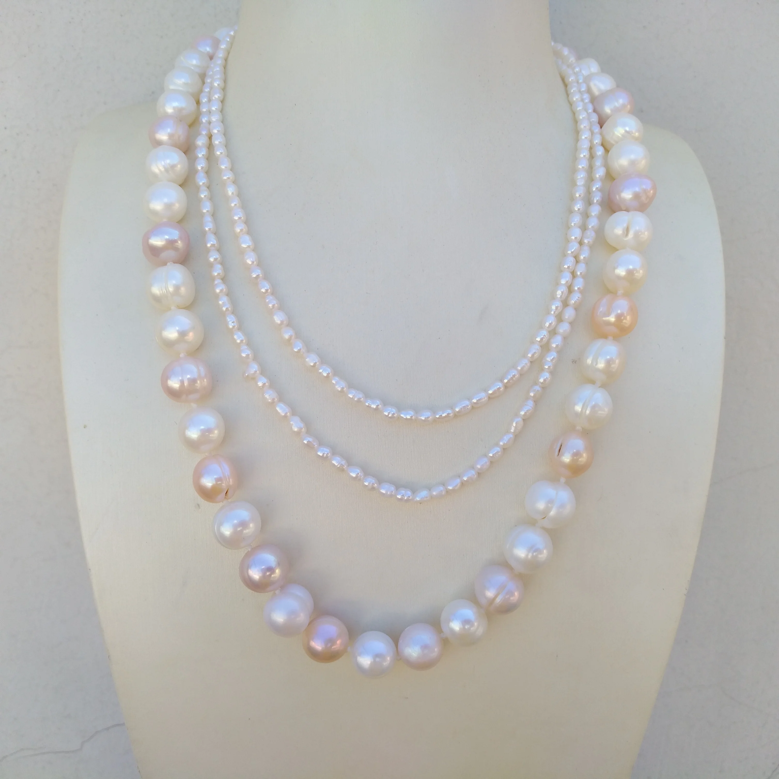 Popular 3Rows Design Pretty Natural South Sea White Mini &Big Multi-color Pearl Necklace 14K Gold Filled Any Occasion