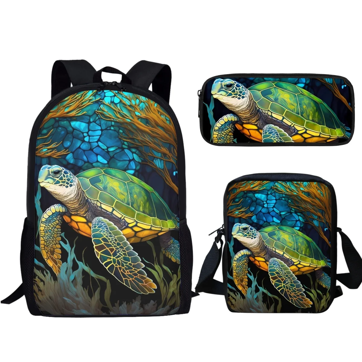 Vintage Ocean Sea Turtle Luxury Designer Fashion Student Schoolbags 3Pc Lunch Messenger Bag Pencil Bag Backpack Mochila Escolar