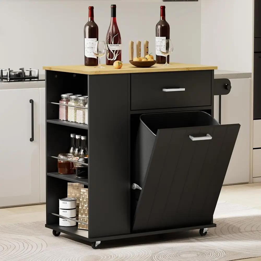 

Rolling Kitchen Island with Trash Can Storage, Portable Kitchen Island on Wheels with Towel Rack & Spice Rack, Out Trash Can Cab