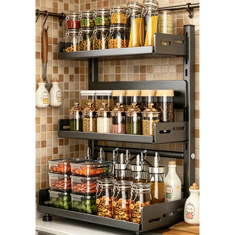 3 Tier Spice Storage Rack for Countertop – Adjustable Spice Organization for Cabinet, Metal Kitchen Shelf Black