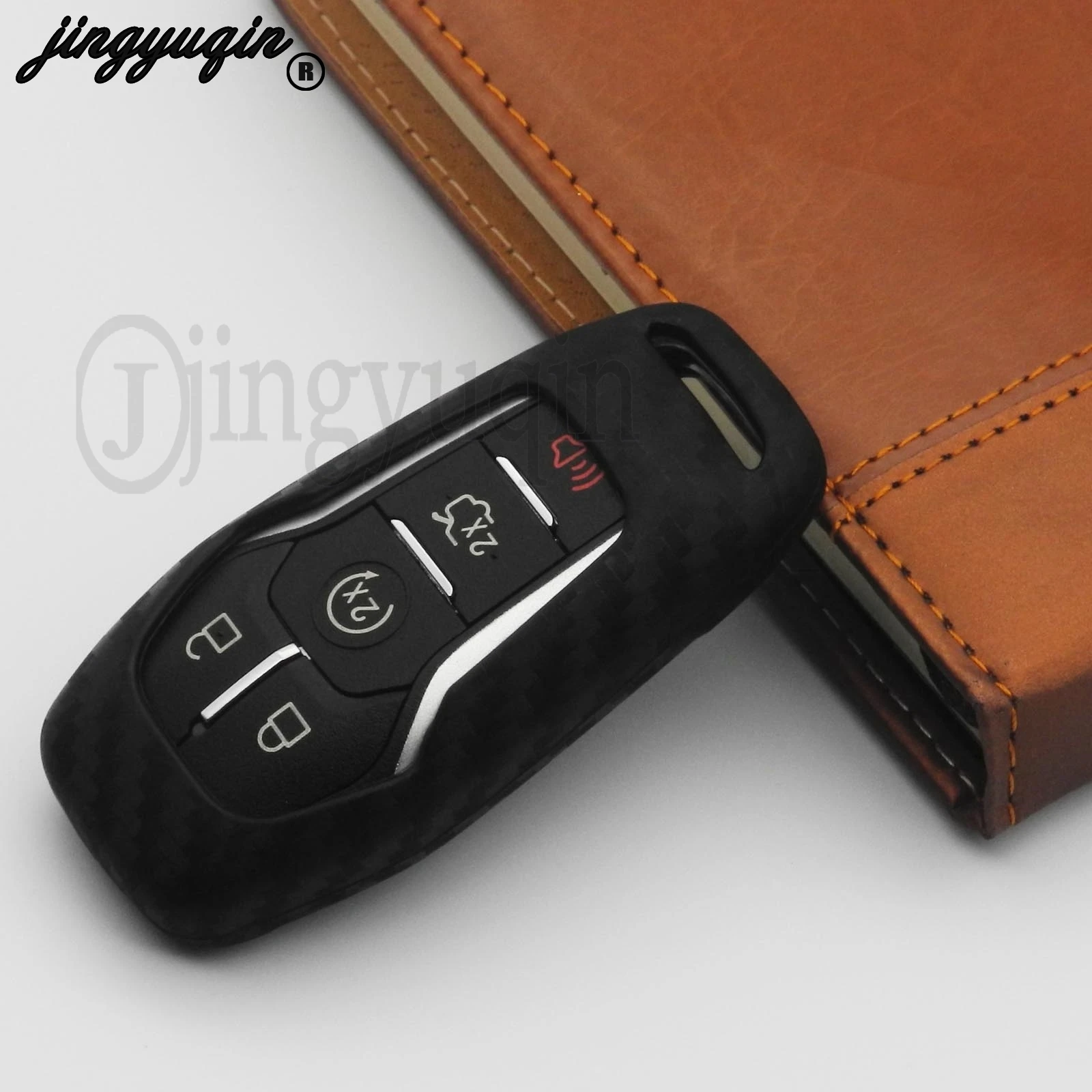 jingyuqin Carbon Fiber Silicone Car key Cover Patten remote Keychain for Ford Edge Explorer Fusion 2015 2016 2017 M3N