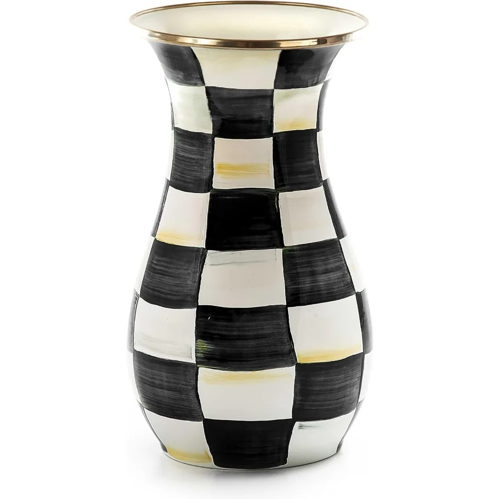 

Tall Enamel Vase, Unique Flower Vase, Decorative Table Decor for Living Room, Black-and-White Courtly Check