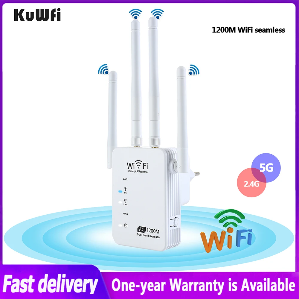 

KuWFi 2.G/5G WiFi Repeater 1200Mbps Wireless Router WiFi Extender Wi-Fi Signal Amplifier With 4 Dual External Antennas