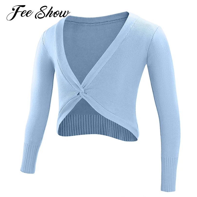 Kids Girls Solid Color Ballet Gymnastics Wrap Tops Long Sleeve Ribbed Trim Twist Knot Pullover Knitted Cardigan Top for Dancing