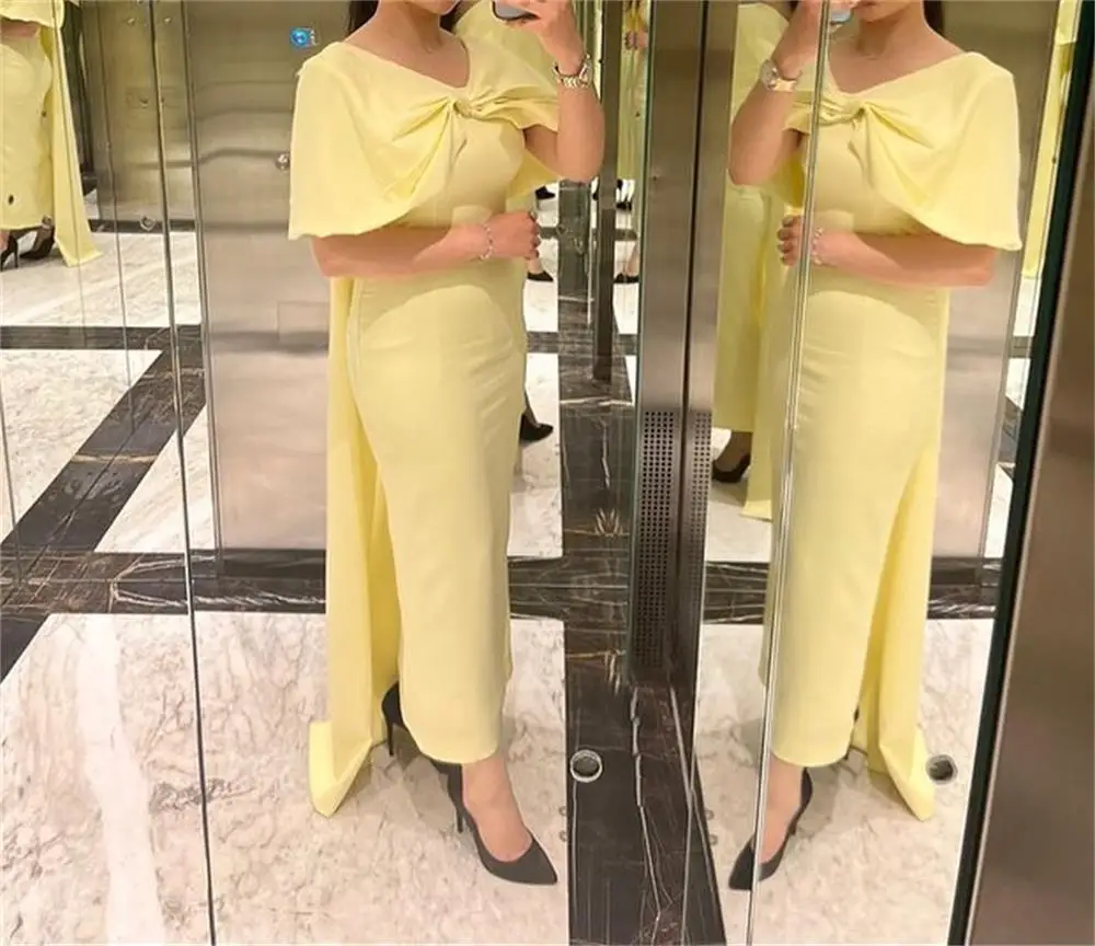 

Elegant Mermaid Light Yellow Evening Dresses V Neck Short Sleeves Prom Dresses Pleated Ankle Length Backless Party Dresses